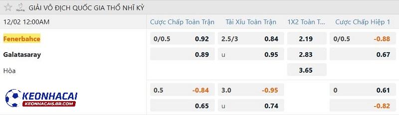 Tỷ lệ soi kèo Fenerbahce vs Galatasaray