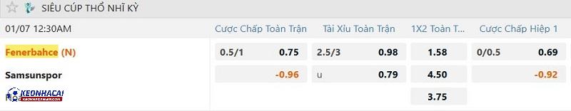 Tỷ lệ soi kèo Fenerbahce vs Samsunspor